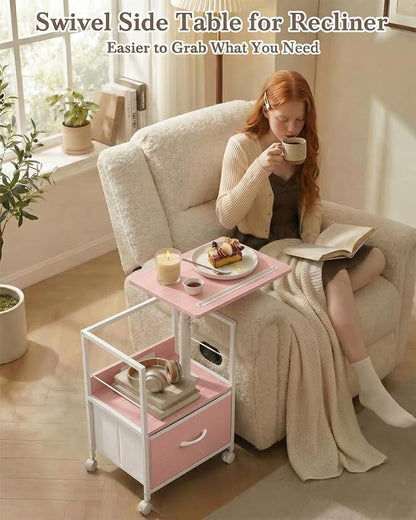 Faesun Swivel Lift Top Nightstand with Charging Station, Rolling Side Table for Recliner, Bedside Table with Wheels & a Fabric Drawer, for Small Spaces, for Bedroom, Living Room, Pink