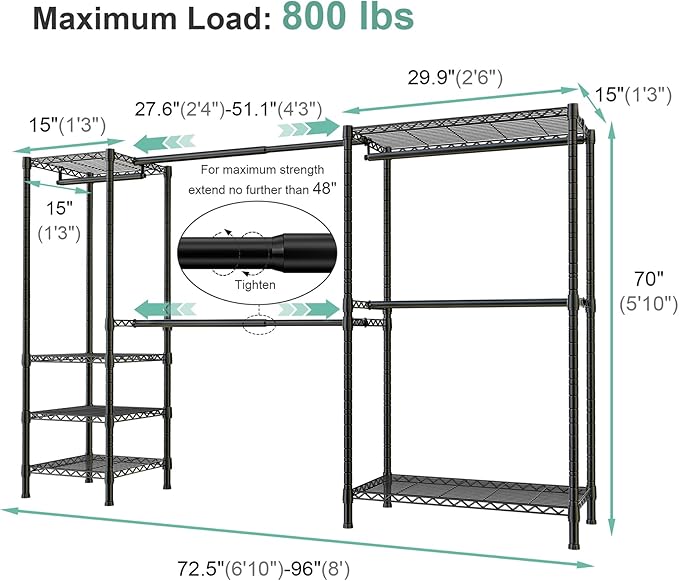 SEMHOR E01 Expandable Heavy Duty Clothes Rack, Free Standing Closet System Organizer, Adjustable Portable Carbon Steel Garment & Clothing Racks for Hanging Clothes (72.5-96"), 800LBS Max Load, Black