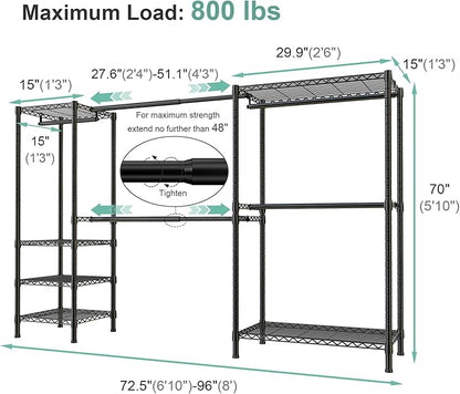 SEMHOR E01 Expandable Heavy Duty Clothes Rack, Free Standing Closet System Organizer, Adjustable Portable Carbon Steel Garment & Clothing Racks for Hanging Clothes (72.5-96"), 800LBS Max Load, Black
