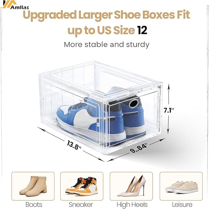 12 Pack Clear Shoe Storage, Stackable Shoe Organizer, Shoe Boxes for Closet | Plastic Shoe Containers with Magnetic Door, Sturdy Sneaker Storage Organizer, Shoe Cabinet Fit up to US Size 12