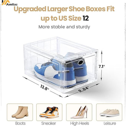 12 Pack Clear Shoe Storage, Stackable Shoe Organizer, Shoe Boxes for Closet | Plastic Shoe Containers with Magnetic Door, Sturdy Sneaker Storage Organizer, Shoe Cabinet Fit up to US Size 12