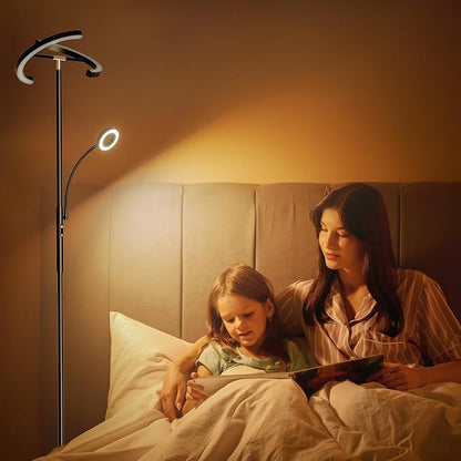LED Floor Lamp for Living Room - Modern Standing Lamp with Reading Light, Remote Touch Control Floor Light Dimmable Mother-Daughter Tall Bedroom Lamp for Couch Office, 29W, Black