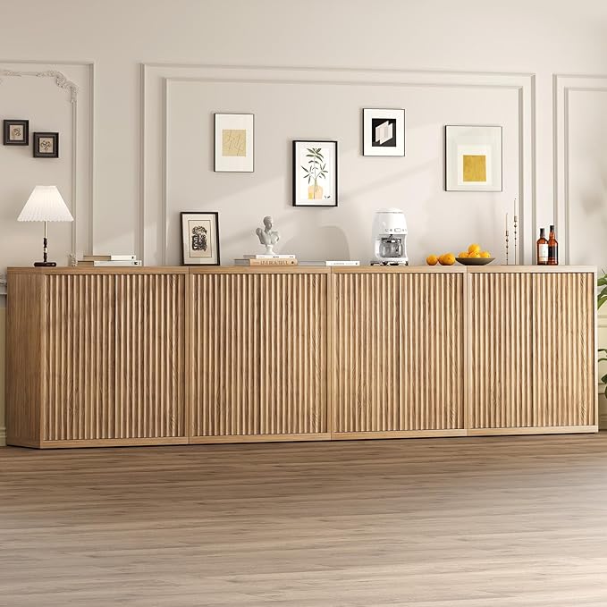 31” Sideboard Cabinet with Storage, Fluted Accent Cabinet with Adjustable Shelves, Modern Wood Credenza Cabinets with Pop-up Doors for Entryway Kitchen Living Room Hallway, Oak 4pcs