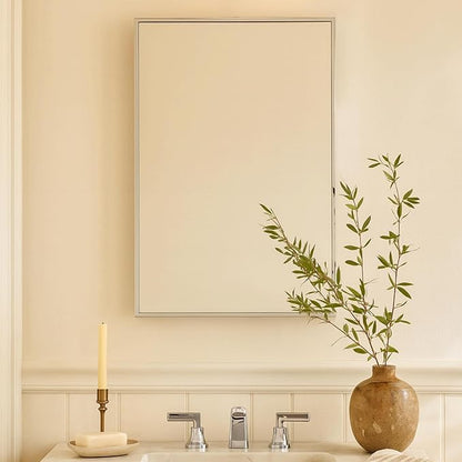 TEHOME 20'' x 30'' Polished Nickel Recessed and Surface Mount Bathroom Medicine Cabinet with Mirror Square Cornered Metal Framed Rounded Rectangle Medicine Cabinet Mirror