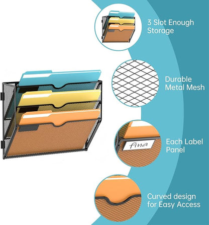 SUPEASY 3 Tier Wall File Organizer, Hanging Wall Mounted Mail Organizer with Label Slots, Metal Mesh File Holder Magazine Rack for Office, Home, School or Classroom, Black, 2Pack