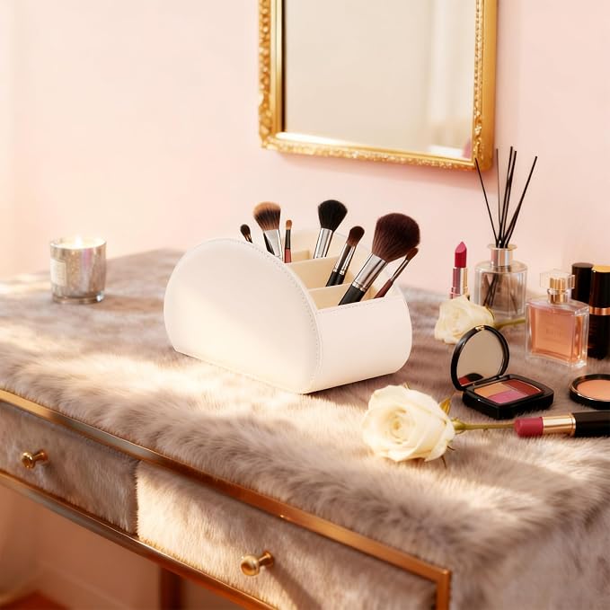 BONNY DODO Remote Control Holders Organizer Box with 5 Compartment PU Leather Multi-functional Office Desk Storage Caddy Store Tv Remote for Media Player,Brush,Pencil,Glassees&Office Supplies (Beige)