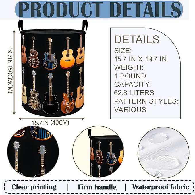 Guitar Laundry Basket Hamper 19.7"x15.8", Music Foldable Waterproof Oxford Clothes Storage Bucket for Room Bathroom Bedroom Nursery Decor, Toy Organizer Bins Gifts for Kids Boys Girls