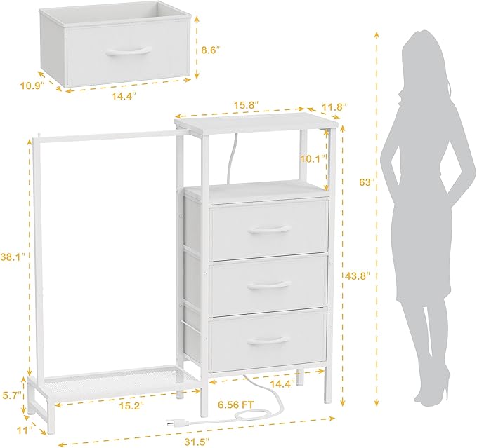Dresser for Bedroom with Hanging Rack, 3 Drawers Closet with Charging Station, Faric Chest of Drawers with Clothes Rack, Storage Organzier for Hallway Entryway, White