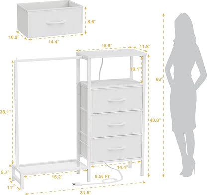 Dresser for Bedroom with Hanging Rack, 3 Drawers Closet with Charging Station, Faric Chest of Drawers with Clothes Rack, Storage Organzier for Hallway Entryway, White