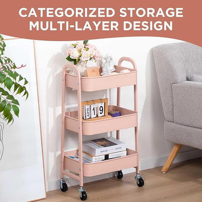 AGTEK Makeup Cart, Movable Rolling Organizer Cart, 3 Tier Metal Utility Cart, Rosiness