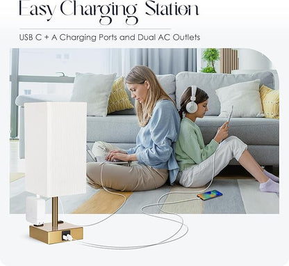 Soilsiu Set of 2 Bedside Table Lamp 3 Way Dimmable Nightstand Lamp with USB C & USB A Charging Port, 2 AC Outlets, 3000K LED Bulbs (Pleate)