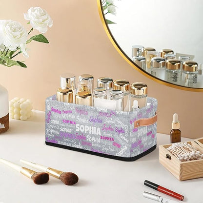 Custom Storage Baskets for Decor with Name, Small Organizer Collapsible Storage Bin with Leather Handle, Toilet Tank, Towel Storage, Entryway, Silver Glittering Sparkly Bling