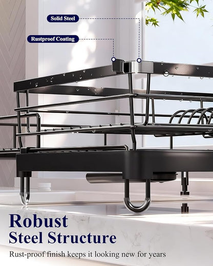 Kitsure Extendable Dish Drying Rack - Rust-Resistant Dish Racks for Kitchen Counter with Adjustable Support Legs, Cutlery Holder & Removable Draining Tray (Black, 15.6''-25.2''L × 16.9''W × 8.1''H)