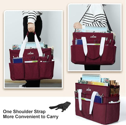 JJRING Craft Organizer Tote Bag, Large Art Storage Caddy with Multiple Pockets, Dark Red Sewing Bag for Art, Craft, Scrapbooking, School, Medical, and Office Supplies Storage