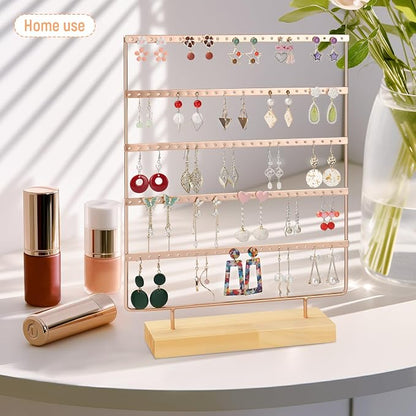 Earring Holder Organizer, 5-Tier Earring Organizer with 60-Pair Capacity, Wooden Base Metal Earring Display, Jewelry Storage & Display for Home Store, Suitable for Women