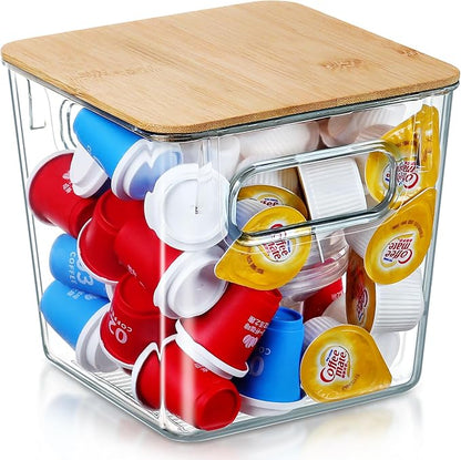 Qilinba 3 PACK Coffee Pod Holder K Cup Organizer Large Capacity Clear Storage Container Bins with Bamboo Lids for Coffee Bar Organization and Storage