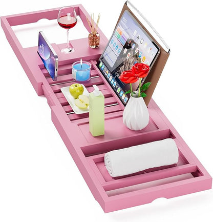 Foldable Bathtub Caddy, Expandable Bath Caddy Tray, Unique House Warming Gifts, New Home, Anniversary and Wedding Gifts for Couple, Pink
