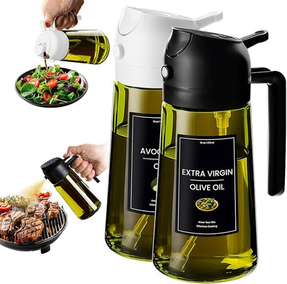 CXINYI - 16oz/470ml Olive Oil Dispenser for Kitchen with Stickers - 2 in 1 Olive Oil Sprayer for Cooking, Air Fryer, and Salad, Black&White (Light-Proof Kitchen Gadget)