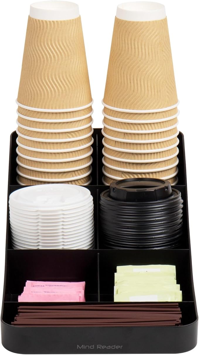 Mind Reader 7-Compartment Coffee Condiment Organizer, Cup and Lid Holder, Countertop Station for Coffee Bar, Breakroom, Kitchen, Set of 2, Black