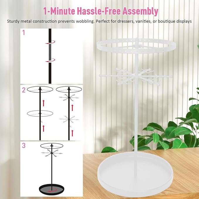 360 Rotating 2-Tier Jewelry Organizer Stand, Large Earring Holder Organizer with 48 Holes for Studs，24 Prongs for Necklaces, Wide Base for Bracelets, Watches, Lipstick, Jewelry Display Stand for Women