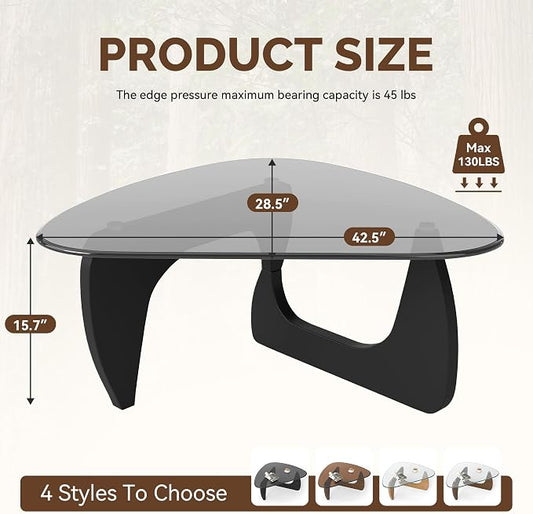 Modern Glass Coffee Table, Triangle Center Table with Tempered Glass Top& Unique Wooden Base, 42.5” Mid Century Tea Tables for Living Room, Apartment, Office,Black & Grey
