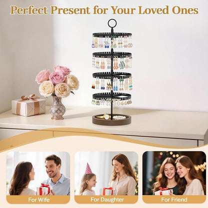 MODOWEY 4 Tier Rotating Earring Holder Organizer Display Tree with Wooden Tray, Adjustable Plastic Stand with 228 Slots for Stud Hoop Hanger, Large Capacity Storage Rack for Women Space Saving, Black