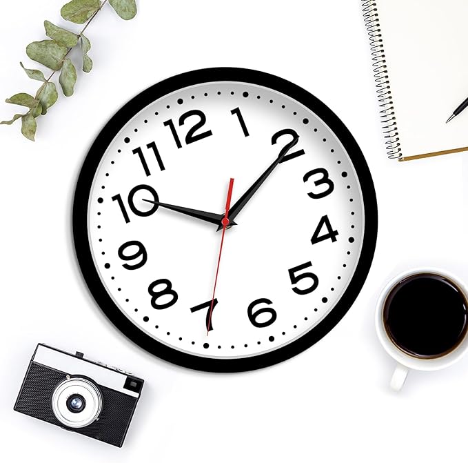 Roymnie Wall Clock 10 Inch Silent Non-Ticking Modern Clock Battery Operated Classic Simple Minimalist Analog Decorative for Kitchen, Living Room,Office, Bedroom, Bathroom (Black)