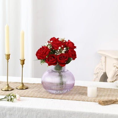 Purple Glass Vase, Flower Vases for Bouquet, Ribbed Glass Vases for Flowers, Small Purple Vase for Living Room, Office, Coffee Table, Shelf, Wedding, 6 Inches