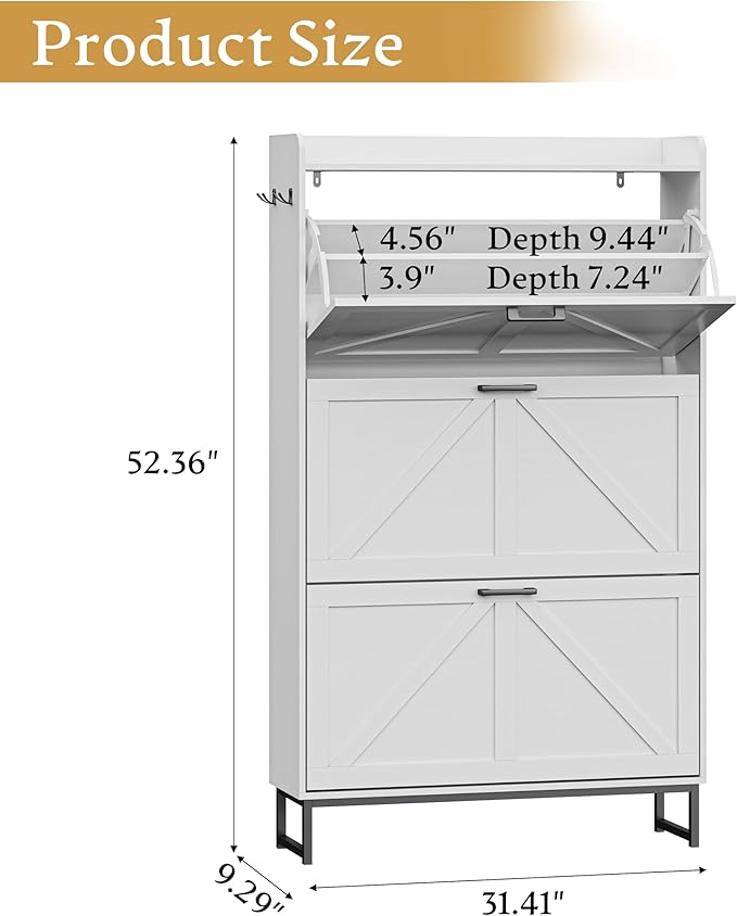 Shoe Cabinet Storage for Entryway, Shoe Storage Cabinet with 3 Flip Drawers, Freestanding Narrow Shoe Rack Organizer with Metal Legs & Side Hook for Foyer, Hallway, White