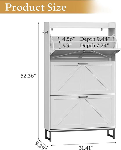 Shoe Cabinet Storage for Entryway, Shoe Storage Cabinet with 3 Flip Drawers, Freestanding Narrow Shoe Rack Organizer with Metal Legs & Side Hook for Foyer, Hallway, White