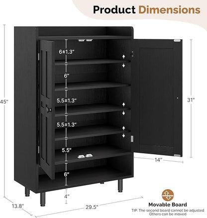 Farmhouse Shoe Cabinet with Doors, 6-Tier Wooden Shoe Organizer with Adjustable Shelves, Entryway Storage Cabinet with Metal Legs, Rustic Shoe Storage for Entryway or Living Room (Black)