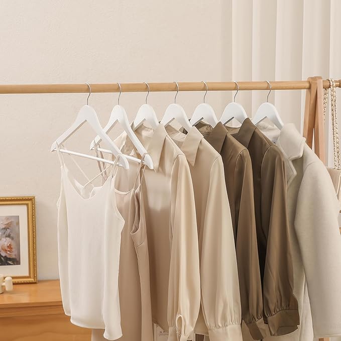 Wooden Colthes Hangers, Nature Color with Shoulder Notches Suitable for Slip Dresses,Shirts, Blouses,Coats,360° Rotating Silver Hook Solid Wood Hanger 20 Pack (White)