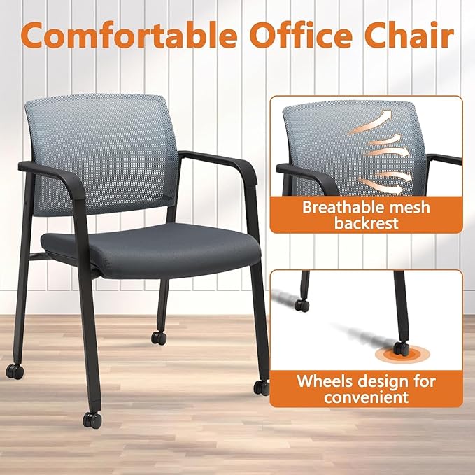 CLATINA Mesh Back Stacking Arm Chairs with Upholstered Fabric Seat and Ergonomic Lumbar Support for Office School Church Guest Reception (WithWheels Gray- 8 Pack)