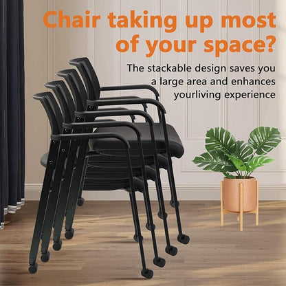 CLATINA Stacking Office Chair with Wheels, Mesh Back Waiting Room Guest Chairs with Arms Comfortable Leather Cushion Stackable Desk Chair for Conference Reception School Side Stationary, Black, 4PK
