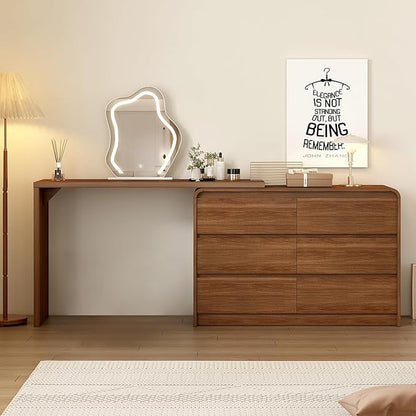 Makeup Vanity Desk with Mirror and Lights, 50-90inch Extendable Mid Century Walnut Makeup Dresser Combo with 47 Inch 6 Drawer Dresser and L Shaped Vanity Desk, Without Stool, Brown