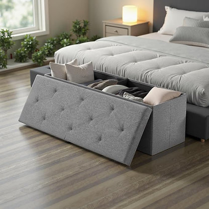 Sweetcrispy 43 Inch Folding Storage Ottoman Bench, Large Hidden Storage Chest with Padded Seat, Foot Rest Stool Supports Up to 660Lbs, End of Bed Bench for Bedroom, Living Room, Linen Fabric, Grey