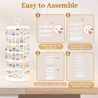 MODOWEY 6 Tier Rotating Earring Holder Organizer Display Tree with Wooden Tray, Adjustable Plastic Stand with 342 Slots for Stud Hoop Hanger, Large Capacity Storage Rack for Women Space Saving, White