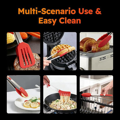 HST Tongs for Cooking with Silicone Tips(3 Pack), Non Stick Kitchen Tongs with Silicone Tip for Cooking BBQ Baking (12", Red)