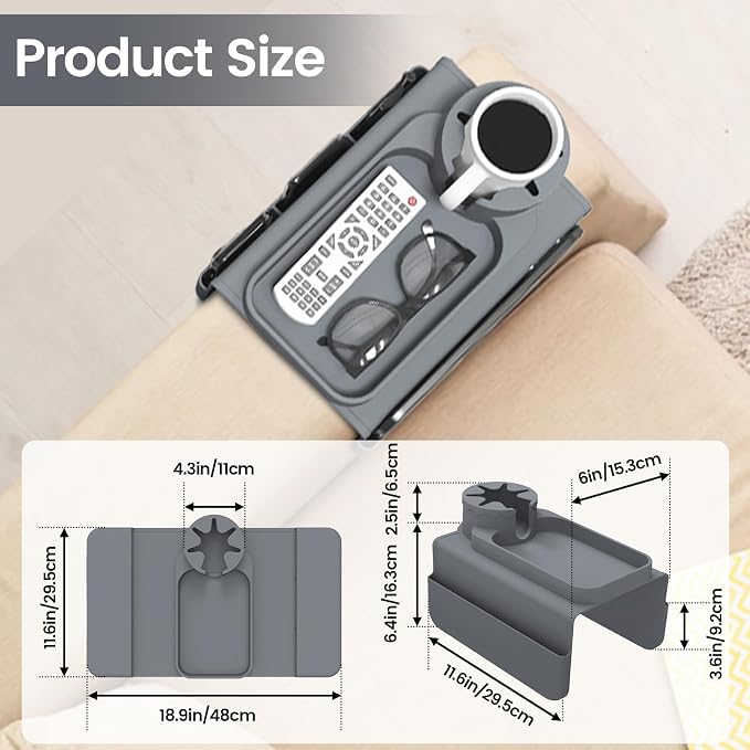 Couch Cup Holder Tray, Silicone Sofa Armrest organizer with Side Pockets for Storage Remotes, Cell-phone,Tablet or Snack, Anti-Spill and Anti-Slip Sofa Arm Tray for Recliner, Armchair Caddy (Gray)