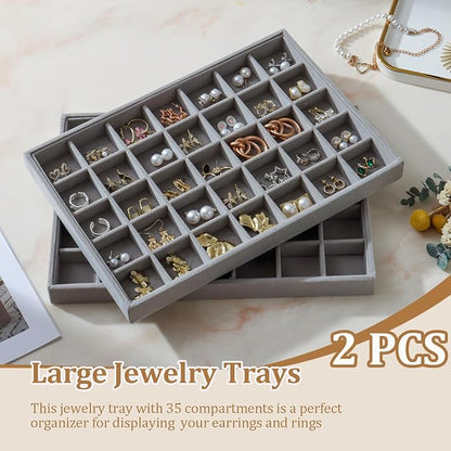 Large Velvet Jewelry Tray 2 Pack Stackable Jewelry Display Drawer Inserts Trays Organizer for Earring Bracelet Necklace Ring (Gray, 35 Grids)
