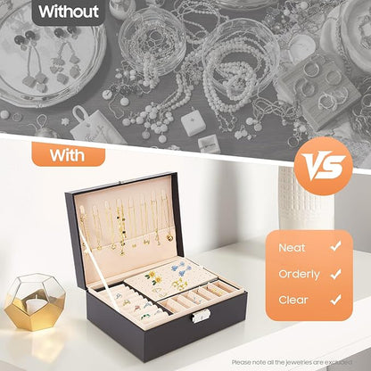 Jewelry Box Organizer, 2 Layer Classical Organizer, Jewelry Display Box for Necklaces Earrings Bracelets Rings Watches - Black