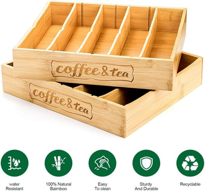 Lyellfe 2 Pack K Cup Holder for Drawers, Bamboo Tea Bag Organizer with Adjustable Dividers, Silverware Utensil Flatware Tray for Coffee Station Home Office, Kitchen