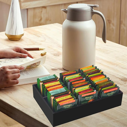 Tasybox Tea Bag Organizer, Black Acrylic Tea Bag Holder with 6 Slot, Tea Packet Storage for Drawer, Pantry, Kitchen, Cabinet, Countertop