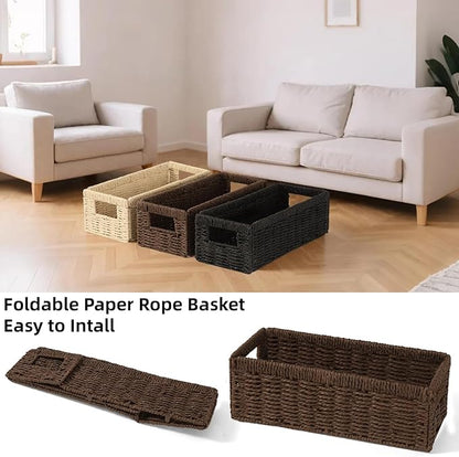 Paper Rope Wicker Storage Baskets with Handles, 2 Pack Foldable Storage Basket, Rectangle Wicker Basket, Small Wicke Baskets for Pantry Shelves, Toilet Paper Storage Basket for Bathroom, Brown