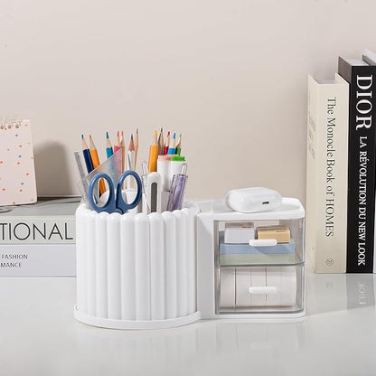 Anyoifax 360° Rotating Pen Holder 7 Slots Desk Organizer with Drawer Removable Pencil Cup Plastic Art Supplies and Accessories Desktop Storage Box Caddy for Office, School, Home (White)