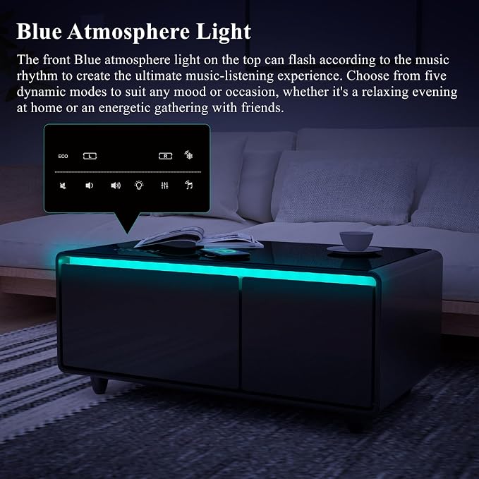 Smart Coffee Table with Fridge and Bluetooth Speakers, Smart Refrigerator Table with 15W Wireless Charger, Touch Control Panel, USB Port, Atmosphere Light and More, LT90 Pro-Black
