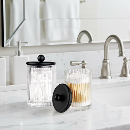 SheeChung 4-Pack Black Ribbed Glass Qtip Holder - Apothecary Jars Bathroom Organizer Set with Lids - Vanity Storage Canisters for Cotton Balls, Pads, Swabs, Floss Picks - Modern Farmhouse