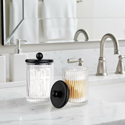 SheeChung 1-Pack Black Ribbed Glass Qtip Holder - Apothecary Jar Bathroom Organizer with Metal Lid - Small Vanity Canister for Cotton Swabs, Rounds, Floss Picks - Modern Luxury Decor