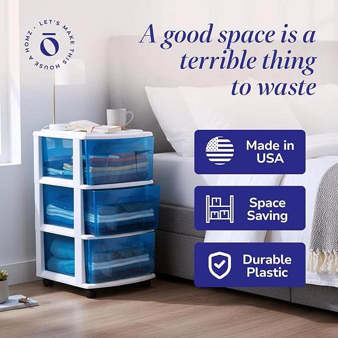 HOMZ 3-Drawer Storage Cart, Plastic Home & Office Organizer, Blue w/ White Frame