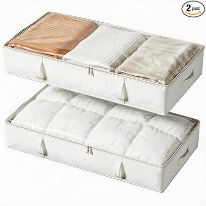 Vailando Storage Containers, 8 Inches Tall 80L Underbed Storage Bins with Sturdy Handles and Sidewalls, Closet Organizer for Clothes, Blankets, Seasonal Items, Beige, 2-Pack